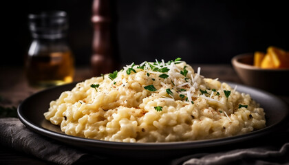 Freshly cooked vegetarian risotto on rustic table generated by AI