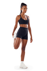 Woman stretching, full body warm up for run and fitness with cardio isolated on transparent, png...