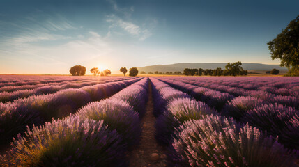 A captivating image of a field of lavender, with rows of vibrant purple flowers stretching into the distance, framed by a clear blue sky and illuminated by warm sunlight