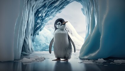Baby penguin inside a glacier. Created with generative Ai technology