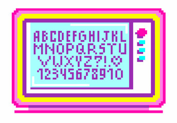 Pixel art font and numbers for text design. Retro computer screen with 8bit alphabet. Vector illustration.