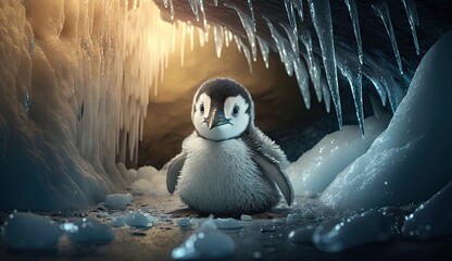 Baby penguin inside a glacier. Created with generative Ai technology