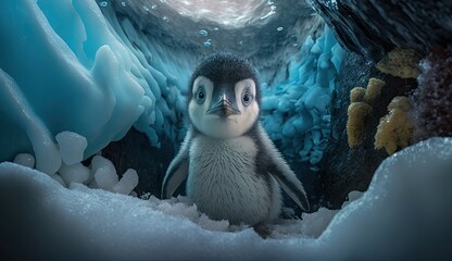 Baby penguin inside a glacier. Created with generative Ai technology