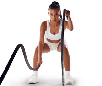 Serious woman, fitness and battle rope workout, muscle training isolated on transparent, png background. Exercise, female athlete with focus and cardio workout equipment, bodybuilding and endurance