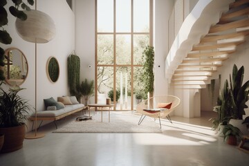 Fototapeta na wymiar Beautiful Spanish Modern Interior with Plants Made with Generative AI