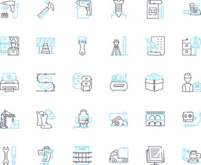 Blueprinting linear icons set. Drafting, Planning, Scaling, Architecture, Blueprint, Design, Layout line vector and concept signs. Diagram,Schematic,Technical outline illustrations