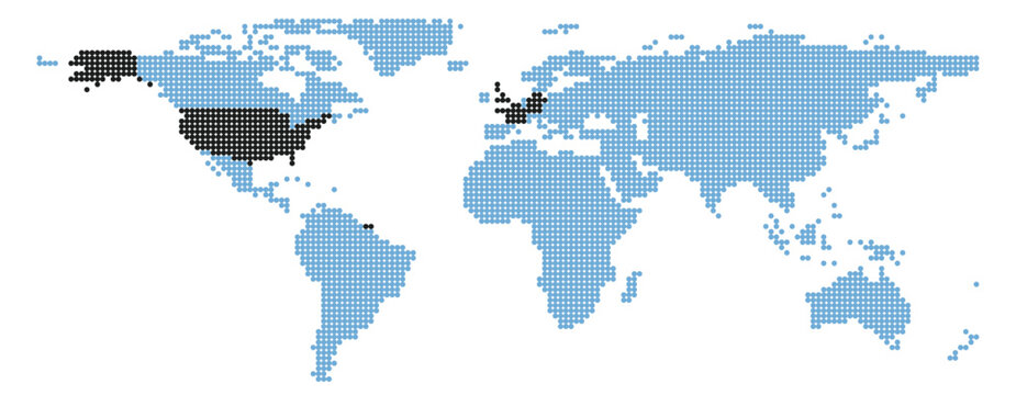  Colored world map in dots, circles with USA, France and Germany marked