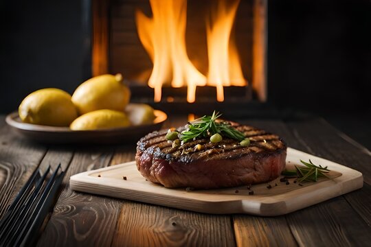 Steak Of  Beef In Old Wood Table, Generative AI