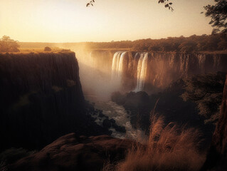A Landscape of Victoria Falls at Sunset with Soft Diffused Light - generative AI