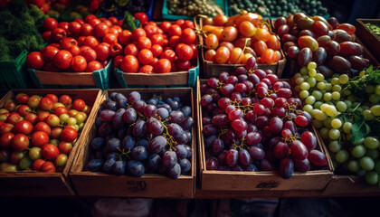 Naklejka na ściany i meble Organic fruits and veggies in wooden basket generated by AI
