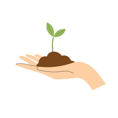 Fototapeta na wymiar Vector illustration of female hand with pile of earth growing green plant. Icon symbol for alternative energy sources sustainable living environment friendly technology concept. Bio agriculture