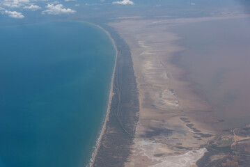 Aerial view of a desert area next to the Caribbean Sea. Colombia.