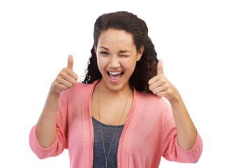 Portrait, thumbs up and woman wink with winning, yes and success sign on isolated, transparent and png background. Face, hands and winner emoji by happy female showing agreement, vote or thank you