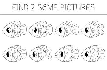 Find two some pictures is an educational game for kids with fish. Fish coloring book.