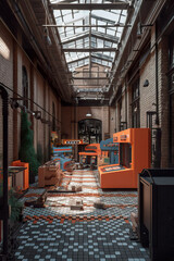 Fototapeta na wymiar A room with a lot of orange furniture in it. AI generative wallpaper, background.