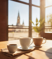 a coffee couple on a wooden table in a cafe overlooking the city
