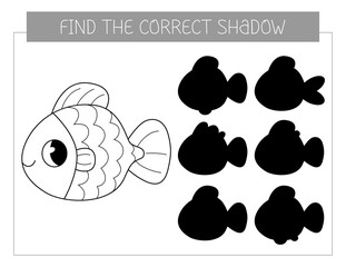 Find the correct shadow coloring book with goldfish. Coloring page educational game for kids. Cute cartoon fish. Shadow matching game.