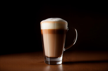 Cappuccino with milk in a glass on a dark background