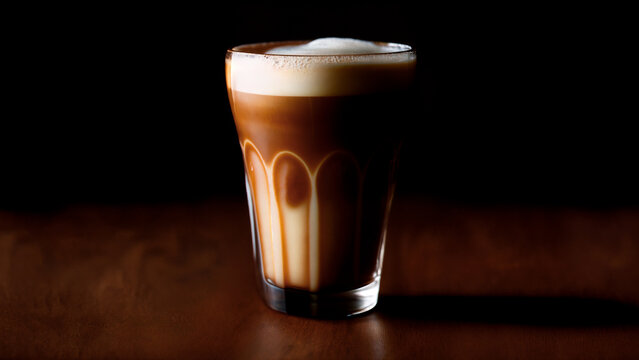Cappuccino with milk in a glass on a dark background