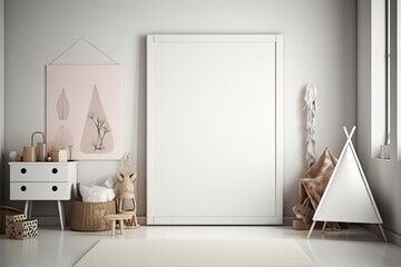 Boho style childrens room with a blank canvas. Mockup/copyspace for product/design placement created using generative AI tools