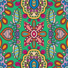 Hand drawn seamless graphic pattern, colorful artistic background with floral and geometric elements. Doodle ethnic mandala ornament for textile fabric, paper print. Surface texture 