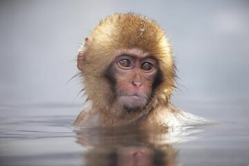 Close-up of a brown-haired snow monkey taking a bath in the snow in Jigokudani Monkey Park, Japan