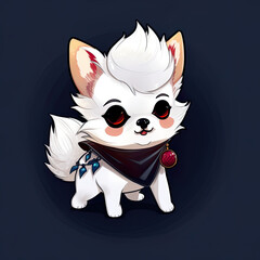 Cute little white puppy dog in scarf cartoon chibi style, AI generative illustration