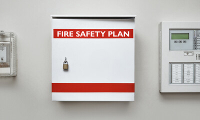 Fire safety plan box or cabinet in building lobby. Residential and commercial buildings in British...