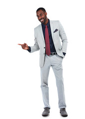 Business, man and happy portrait pointing while isolated on transparent png background. Black male manager advertising sales deal, review and presentation of branding, choice and offer coming soon
