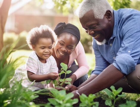 Close-up of black grandfather and grandmother with toddler granddaughter, smiling and planting together in the garden.  Illustration created with Generative AI technology.