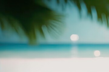 Fototapeta na wymiar Beautiful natural green palm leaves on blur tropical beach with bokeh sun light waves abstract background. Generative AI.
