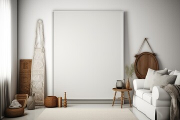 Boho style lounge with a blank canvas. Mockup/copyspace for product/design placement created using generative AI tools