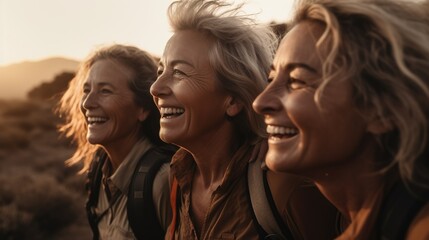 Fototapeta premium Fictional person. Group of retired aging elderly senior baby boomer women getting fit in retirement, exercising, and general wellness outdoor activities. Hiking nature walks. Laughing, happy. 