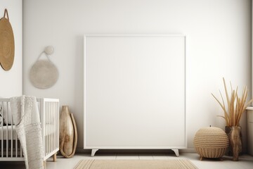 Boho style nursery with a blank canvas. Mockup/copyspace for product/design placement created using generative AI tools