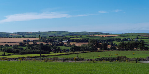 Fototapeta na wymiar Irish farm fields under blue skies in summer. Landscape. Green grass field under blue sky