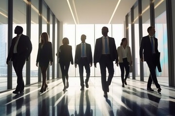 group of business people walking side by side together in office with tall large windows, elite business suit high rank society discussion, generative ai - obrazy, fototapety, plakaty