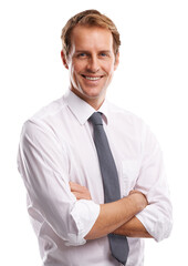 Business, happy and portrait of man with arms crossed isolated on a transparent png background....