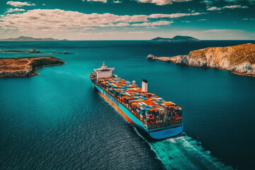 Aerial view of a cargo ship with contrail over the ocean, carrying containers and sailing towards export, depicting technology in freight shipping by a ship forwarder mast. Generative AI. - obrazy, fototapety, plakaty
