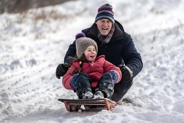 Father and daughter are sledding down the snowy slope of a fun mountain. Ai generated.