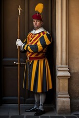 Representation of the guards of the Swiss guard of the Vatican, posing. Ai generated.
