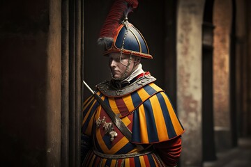 Representation of the guards of the Swiss guard of the Vatican, posing. Ai generated. - obrazy, fototapety, plakaty