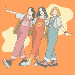 Girls hang out together carrying bags and the same clothes Vector 