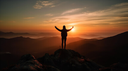 Silhouette of a person standing on a mountaintop, with arms raised in triumph against a colorful sunset sky. Showcasing the concept of success, achievement, and overcoming challenges.