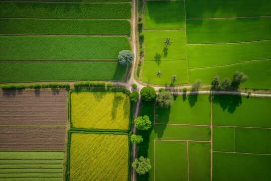 View from above of the rice paddy fields. Generative AI.