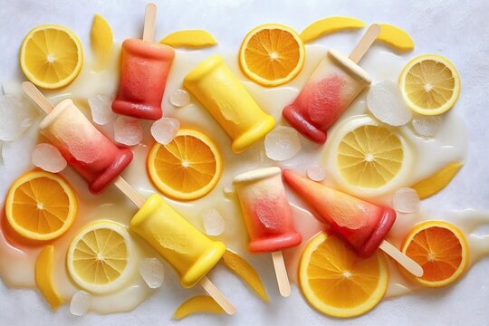 Flat lay of refreshing fruit ice lollies. Ai generated.
