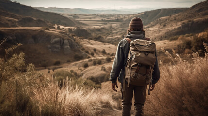 Rear view of a person hiking or trekking in a scenic natural setting, with their face not visible, and focusing on the landscape and surroundings. Showcasing the concept of adventure, exploration, and