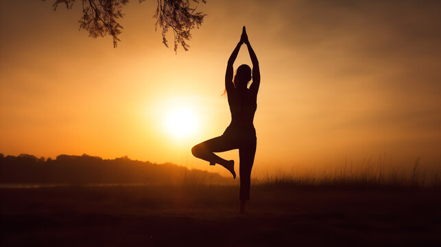 A silhouette of a woman in a yoga pose with the sun setting behind her. Use warm, golden tones to give the image a peaceful, relaxing feel. Add a white space at the bottom of the image for text or bra