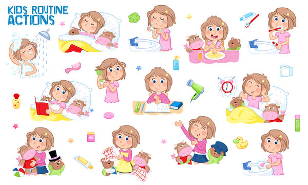 Learning concept - Daily routine of a little girl with light brown hair - Set of thirteen cute educational illustrations - Isolated - White background	
