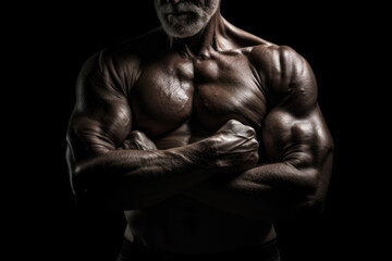 Fototapeta na wymiar Torso of a muscular elderly man. Low-key photography style. Generative AI