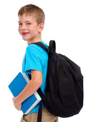 Back to school, child and portrait with backpack and education book with happiness. Learning, young...